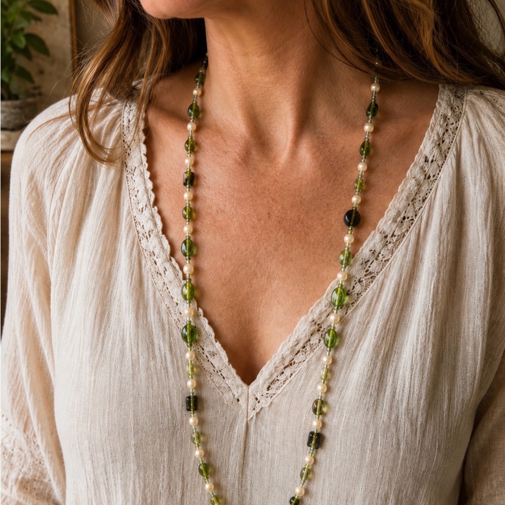 Vintage Artisan Green Glass & Faux Pearl Beaded Necklace Long Strand